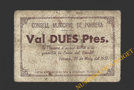 PORRERA (Tarragona).2 pessetes. 28 de maig del 1937 