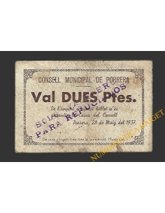 PORRERA (Tarragona).2 pessetes. 28 de maig del 1937  (sobrecarga)