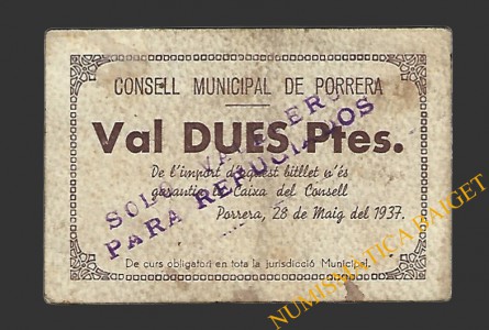 PORRERA (Tarragona).2 pessetes. 28 de maig del 1937  (sobrecarga)