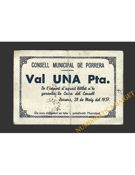 PORRERA (Tarragona).1 pesseta. 28 de maig del 1937 