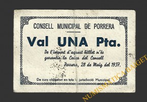 PORRERA (Tarragona).1 pesseta. 28 de maig del 1937 