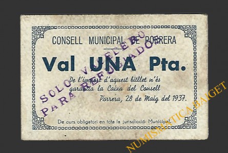 PORRERA (Tarragona).1 pesseta. 28 de maig del 1937  (sobrecarga)