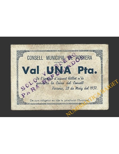 PORRERA (Tarragona).1 pesseta. 28 de maig del 1937  (sobrecarga)