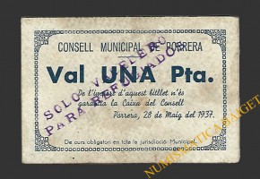 PORRERA (Tarragona).1 pesseta. 28 de maig del 1937  (sobrecarga)
