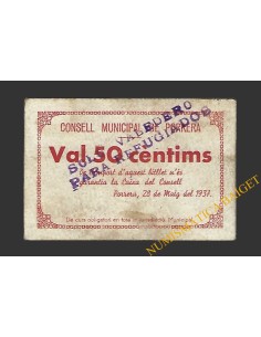 PORRERA (Tarragona). 50 centims. 28 de maig del 1937  (sobrecarga)