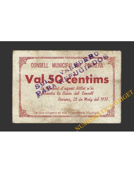 PORRERA (Tarragona). 50 centims. 28 de maig del 1937  (sobrecarga)