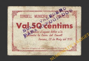 PORRERA (Tarragona). 50 centims. 28 de maig del 1937  (sobrecarga)