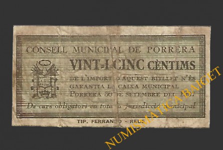 PORRERA (Tarragona). 25 centims. 30 de setembre del 1937 
