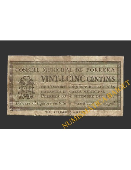 PORRERA (Tarragona). 25 centims. 30 de setembre del 1937 