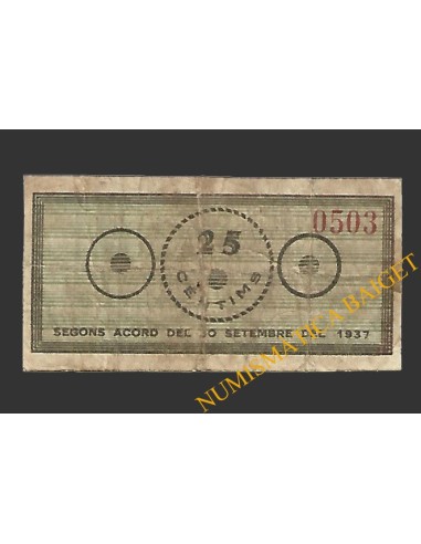 PORRERA (Tarragona). 25 centims. 30 de setembre del 1937 