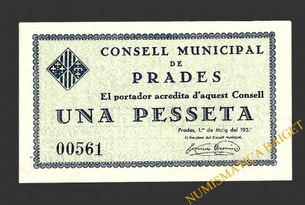 PRADES (Tarragona).1 pesseta. 1 de maig del 1937 
