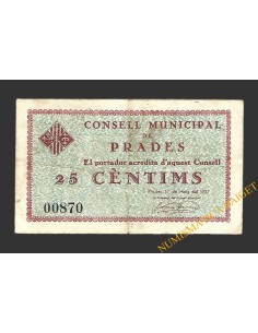 PRADES (Tarragona). 25 centims 1 de maig del 1937 