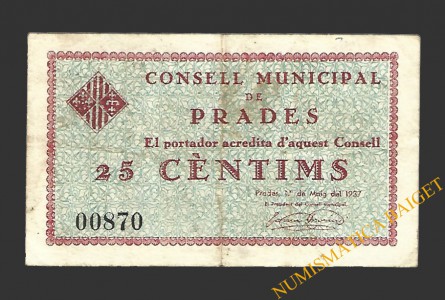 PRADES (Tarragona). 25 centims 1 de maig del 1937 