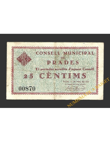 PRADES (Tarragona). 25 centims 1 de maig del 1937 