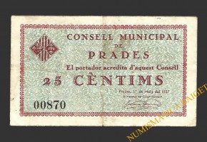 PRADES (Tarragona). 25 centims 1 de maig del 1937 