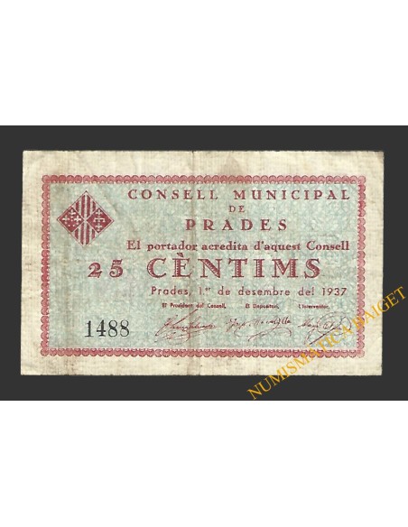 PRADES (Tarragona). 25 centims 1 de desembre del 1937 