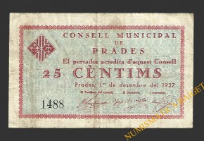 PRADES (Tarragona). 25 centims 1 de desembre del 1937 