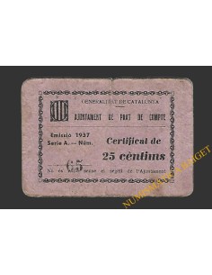 PRAT DEL COMPTE (Tarragona). 25 centims 1937 