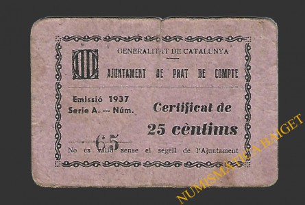 PRAT DEL COMPTE (Tarragona). 25 centims 1937 