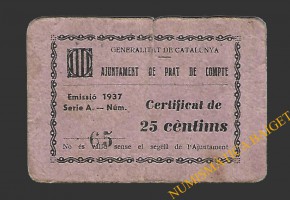 PRAT DEL COMPTE (Tarragona). 25 centims 1937 
