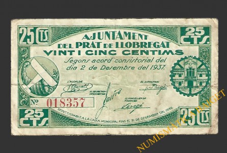 PRAT DEL LLOBREGAT, EL (Barcelona). 25 centims 2 de desembre del 1937 