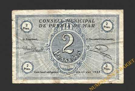 PREMIA DE MAR (Barcelona). 2 pessetes abril del 1937 