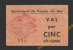 PREMIA DE MAR (Barcelona) 5 centims 1937 