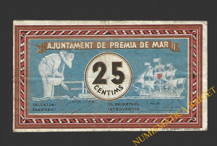 PREMIA DE MAR (Barcelona) 25 centims setembre del 1937 