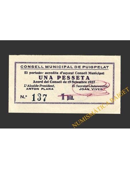 PUIGPELAT (Tarragona) 1 pesseta 19 de setembre del 1937 