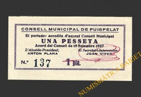 PUIGPELAT (Tarragona) 1 pesseta 19 de setembre del 1937 