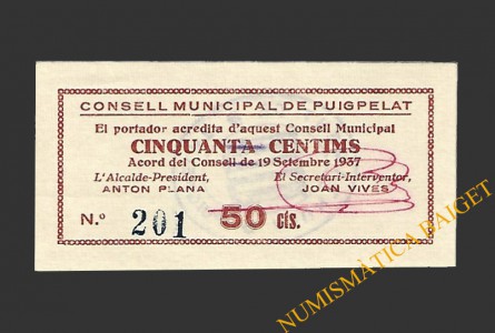 PUIGPELAT (Tarragona) 50 centims 19 de setembre del 1937 