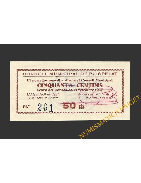 PUIGPELAT (Tarragona) 50 centims 19 de setembre del 1937 