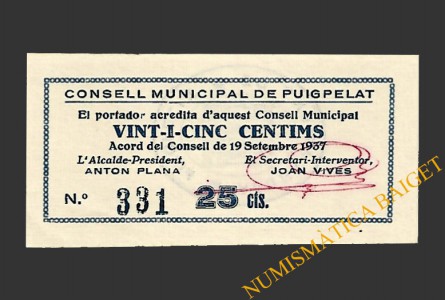 PUIGPELAT (Tarragona) 25 centims 19 de setembre del 1937 