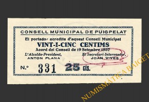 PUIGPELAT (Tarragona) 25 centims 19 de setembre del 1937 