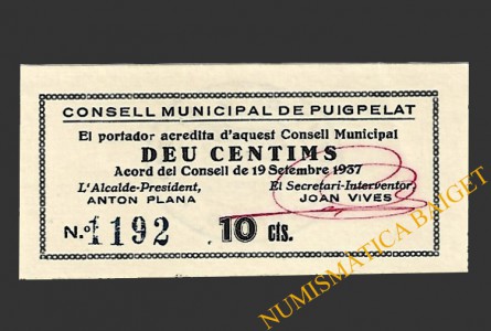 PUIGPELAT (Tarragona) 10 centims 19 de setembre del 1937 
