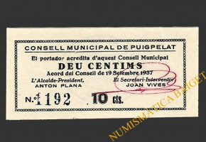 PUIGPELAT (Tarragona) 10 centims 19 de setembre del 1937 