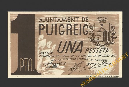 PUIGREIG (Barcelona) 1 pesseta 29 de juny del 1937 