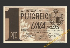 PUIGREIG (Barcelona) 1 pesseta 29 de juny del 1937 