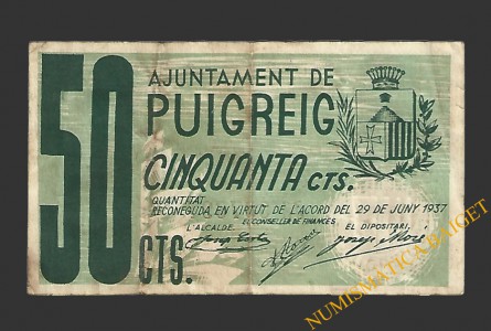 PUIGREIG (Barcelona) 50 centims 29 de juny del 1937 