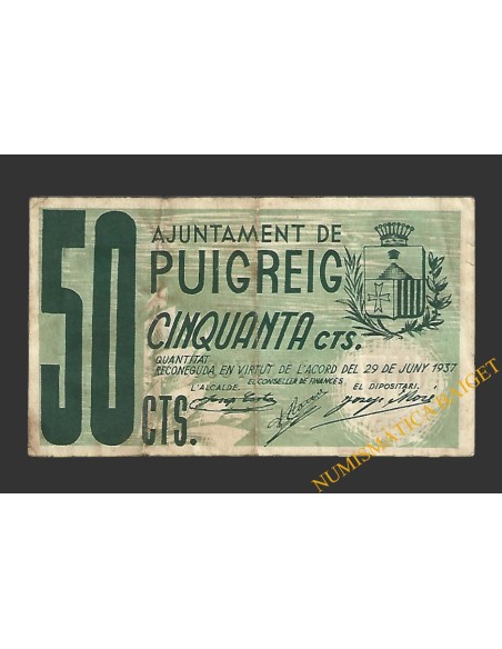 PUIGREIG (Barcelona) 50 centims 29 de juny del 1937 