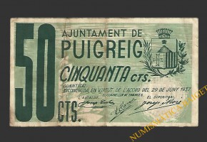 PUIGREIG (Barcelona) 50 centims 29 de juny del 1937 