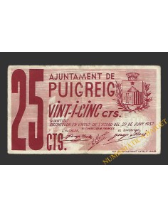 PUIGREIG (Barcelona) 25 centims 29 de juny del 1937 