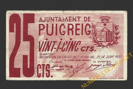 PUIGREIG (Barcelona) 25 centims 29 de juny del 1937 