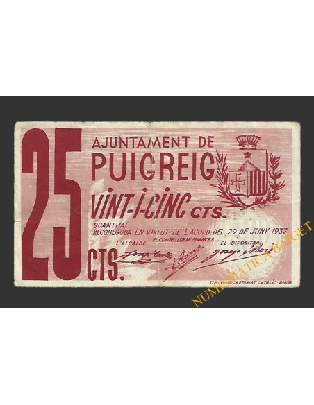 PUIGREIG (Barcelona) 25 centims 29 de juny del 1937 