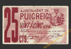 PUIGREIG (Barcelona) 25 centims 29 de juny del 1937 