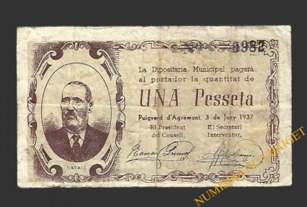 PUIVERD D'AGRAMUNT (Lleida) 1 pesseta 3 de juny del 1937 