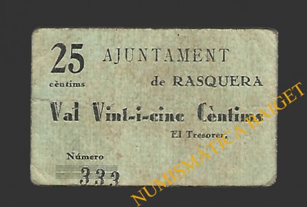 RASQUERA (Tarragona) 25 centims 1937 