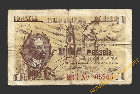 REUS (Tarragona) 1 pesseta 14 d'abril del 1937 B. Galofre