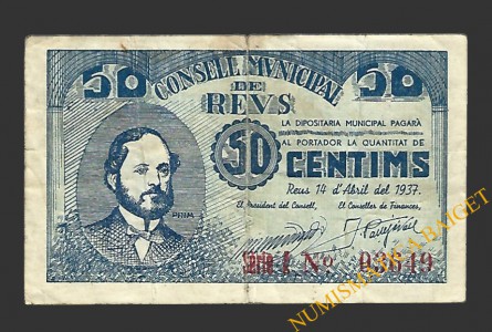 REUS (Tarragona) 50 centims 14 d'abril del 1937 J. Prim