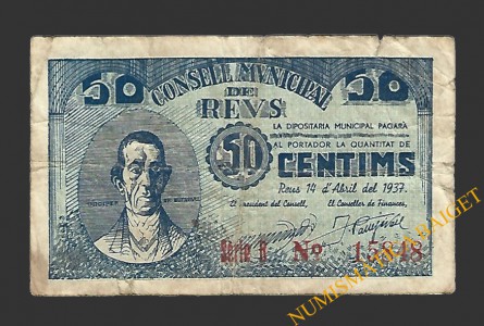REUS (Tarragona) 50 centims 14 d'abril del 1937 P. de Bofarull
